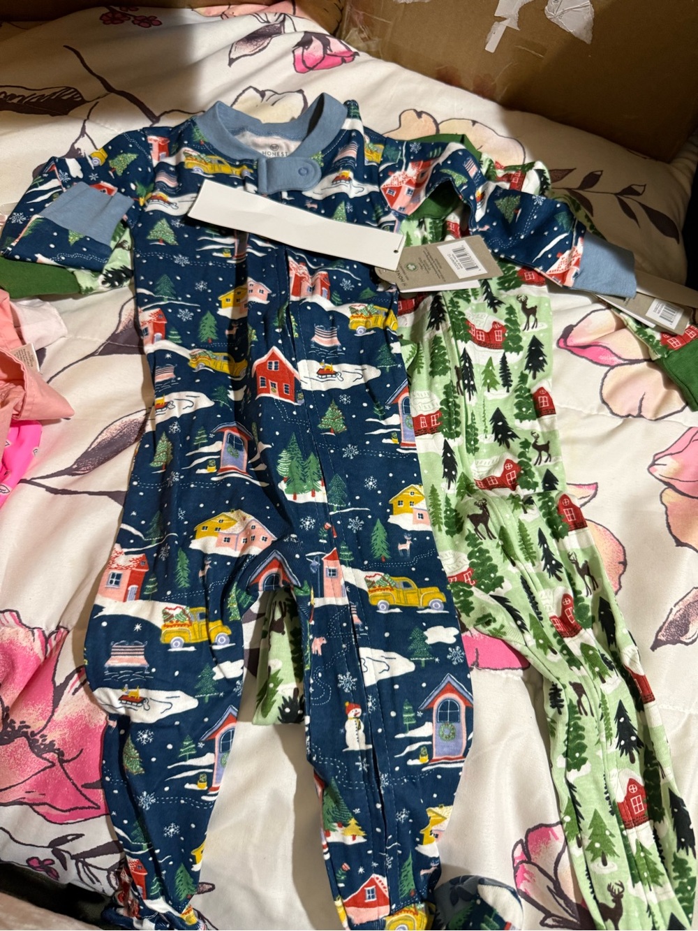 Honest Baby Footed Pajamas in Light Blue & Green Holiday Print